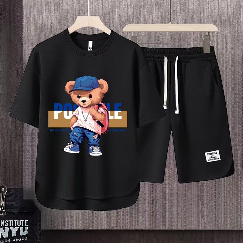 Men's Clothing 2024 Waffle Casual Summer Suit Men's Loose Teen Short sleeved T shirt Shorts Handsome Two piece Suit_mkmklike.com