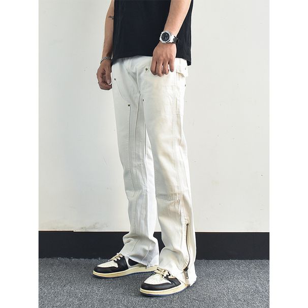 Nordmann White Flared Jeans For Men, European And American High Street Style, Zipper With Unique Design, Loose Straight Casual_mkmklike.com