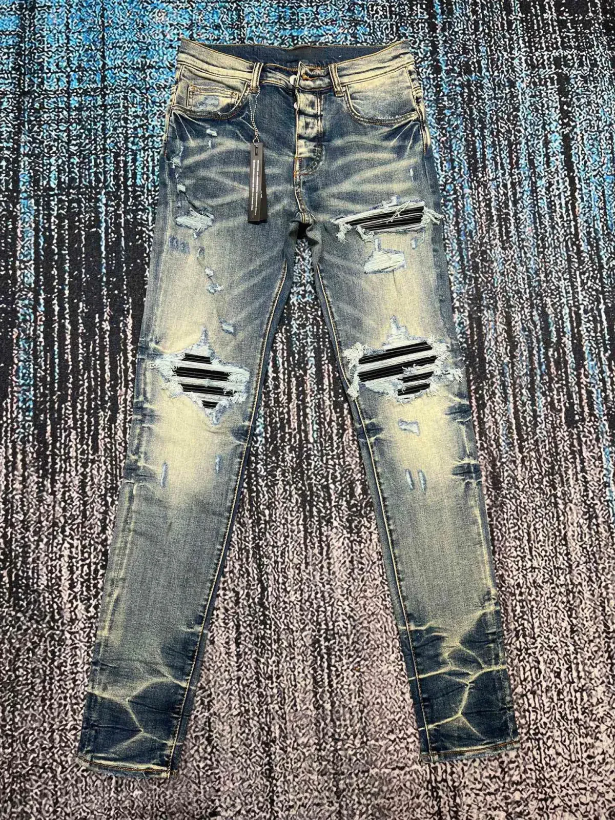 Mens Retro Leather Patch Tight Jeans 241205_mkmklike.com