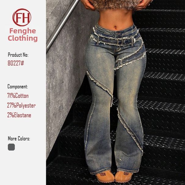Women's Clothing Women's BAGGY Flared Jeans Frayed Floor Length Long Pants_mkmklike.com