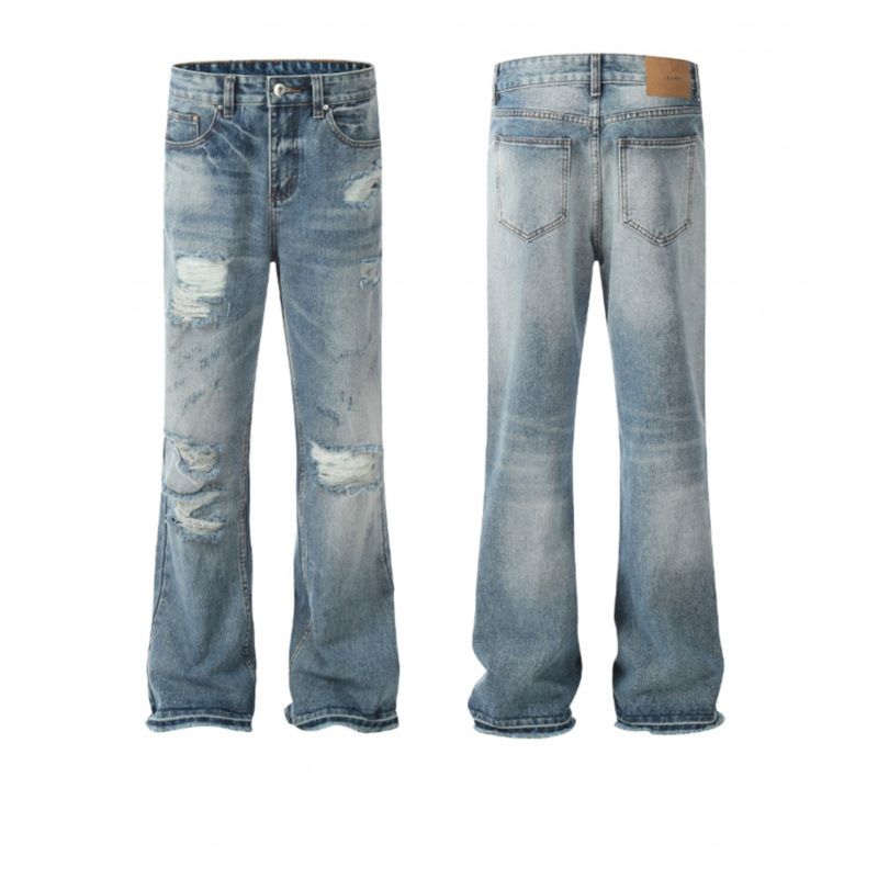 Men's Vintage Washed Distressed Jeans High Street Baggy Denim Pants Relaxed Fit Frayed Hem Retro Blue 75% Cotton S-3XL_mkmklike.com