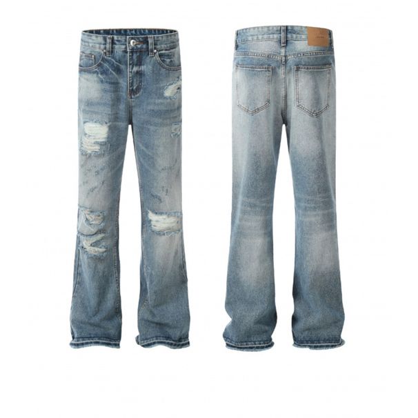 Men's Vintage Washed Distressed Jeans High Street Baggy Denim Pants Relaxed Fit Frayed Hem Retro Blue 75% Cotton S-3XL_mkmklike.com