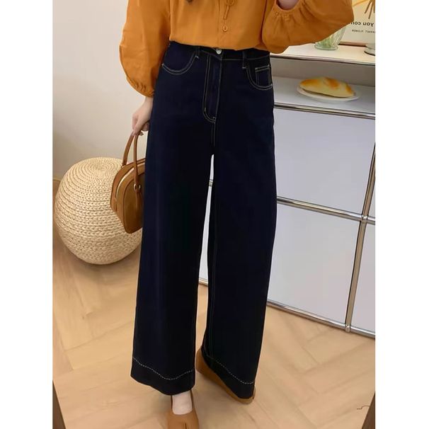 New Style Dark Blue Petite Women's Jeans Plus Size Slimming Loose Fit Cropped Wide Leg Pants Pear Shaped Figure_mkmklike.com