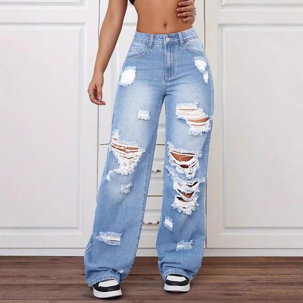 Women's Clothing Straight Versatile Loose Denim Trousers Distressed High-Waist Straight-Leg Loose Fit Women's Jeans - Blue & Grey, XS To 2XL_mkmklike.com