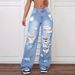 Women's Clothing Straight Versatile Loose Denim Trousers Distressed High-Waist Straight-Leg Loose Fit Women's Jeans - Blue & Grey, XS To 2XL_mkmklike.com