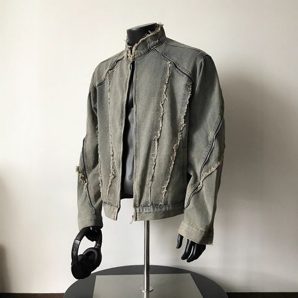 Men's Clothing American Retro Deconstructed Raw Edge Denim Jacket Men's Spring And Autumn Street Washed Short Stand Collar Jacket Trend_mkmklike.com