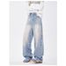 Men's & Women's Distressed Light Blue Washed Straight Leg Jeans With Cat Whiskers - High Street Vintage Vibe Stretch-Free Cotton Denim Pants_mkmklike.com