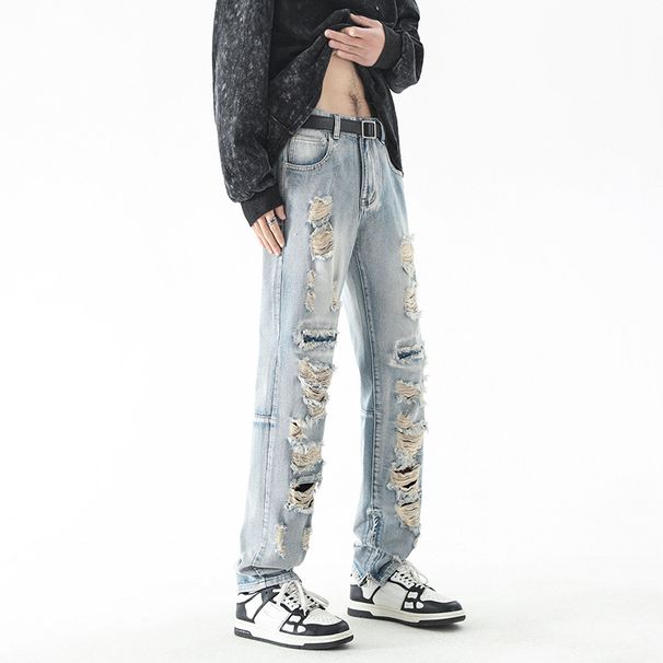 LKTM Men's Wear # American Distressed Jeans Men's Trendy Brand High Street Washed Zipper Split Long Pants_mkmklike.com