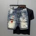 Summer New Ripped Denim Shorts Men's Trendy Brand Patch Print Mid Length Pants Trendy All Match Beggar Shorts_mkmklike.com