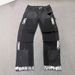 Men's Clothing Menswear Trendy Patchwork Distressed Washed Denim Cargo Pants With Hand Painted Details, Black Briefs._mkmklike.com