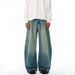 American Style Washed Vintage Scimitar Jeans For Men, Trendy High Street Pleated Loose Wide-Leg Pants_mkmklike.com