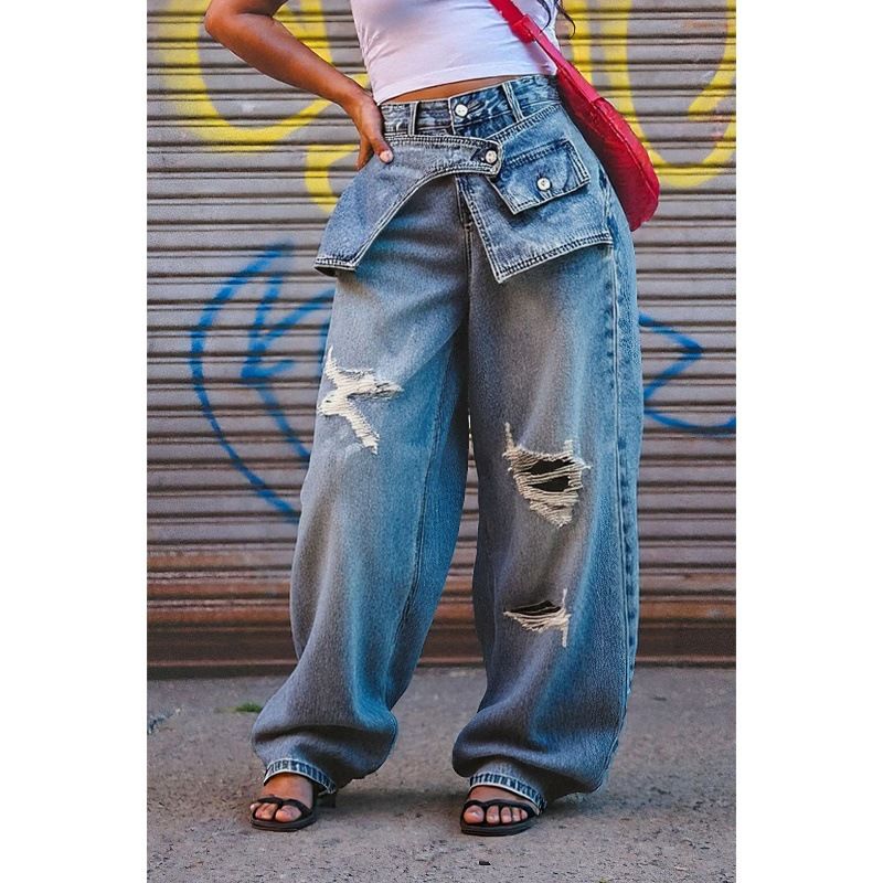 Women's Stacked Waist Distressed Straight Leg Jeans Blue Denim Casual Wide Leg Trousers Streetwear_mkmklike.com