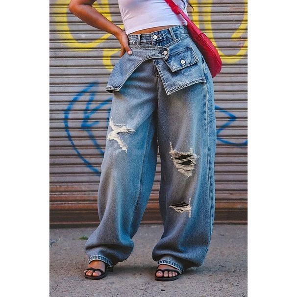 Women's Stacked Waist Distressed Straight Leg Jeans Blue Denim Casual Wide Leg Trousers Streetwear_mkmklike.com