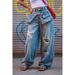 Women's Stacked Waist Distressed Straight Leg Jeans Blue Denim Casual Wide Leg Trousers Streetwear_mkmklike.com