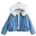 "Women's Lambswool Denim Jacket With Hood Style Winter Coat, Thickened Velvet Lining, Warm & Stylish Outerwear"_mkmklike.com