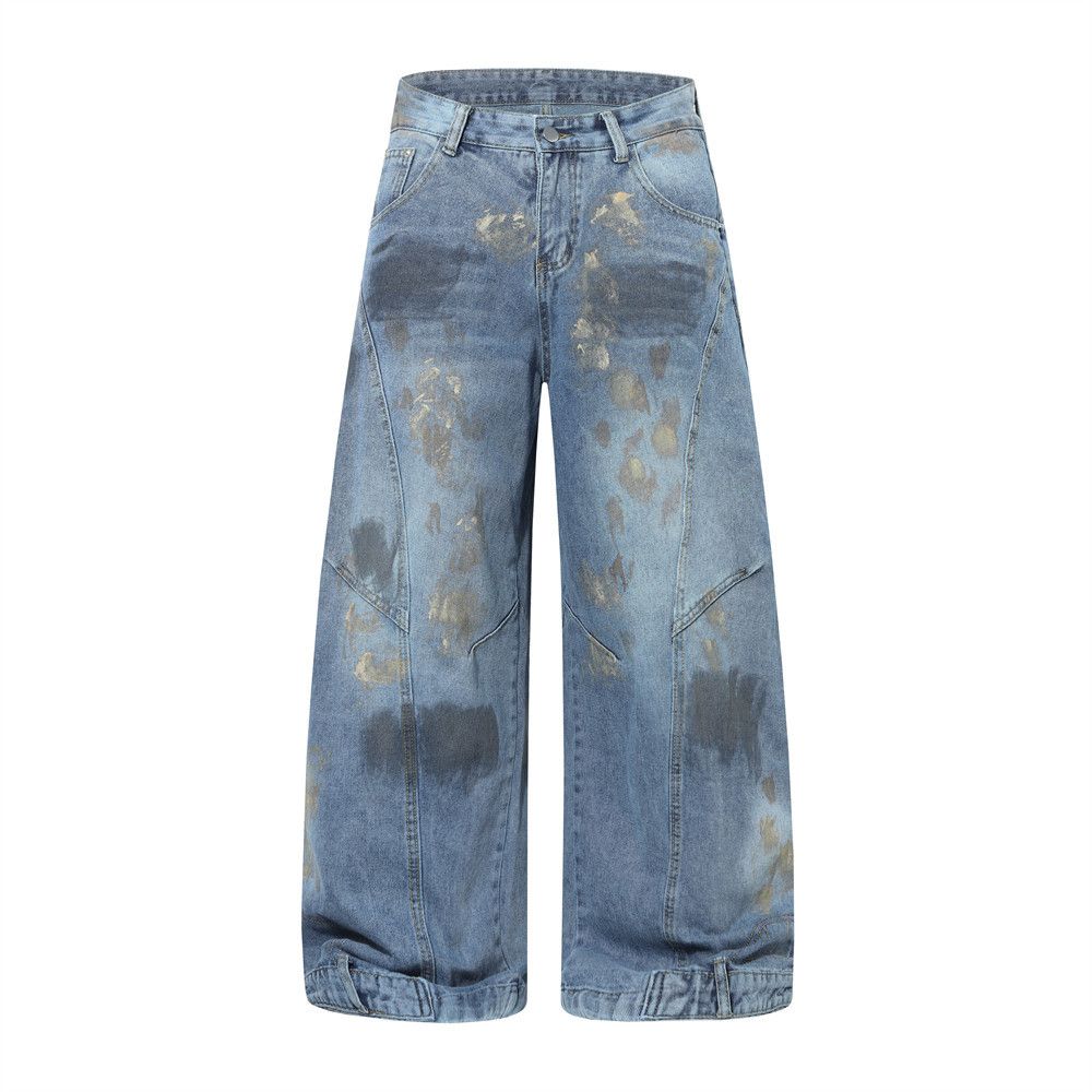 Wasteland Style Ink Splash Vintage Dirty Denim Scimitar Pants Niche Design Reverse Wear Inverted Arc Wide-Leg Trousers_mkmklike.com