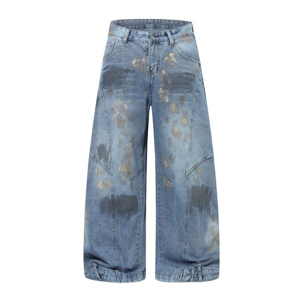 Wasteland Style Ink Splash Vintage Dirty Denim Scimitar Pants Niche Design Reverse Wear Inverted Arc Wide-Leg Trousers_mkmklike.com