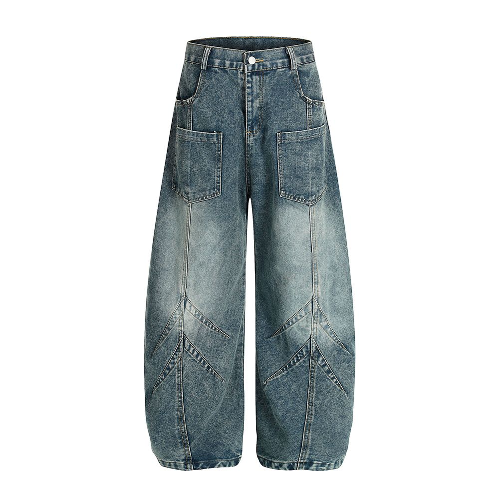 Unique Inverted Wide-Leg Denim Men's High Street Trend Deconstructed Design Washed And Faded Scimitar Pants_mkmklike.com