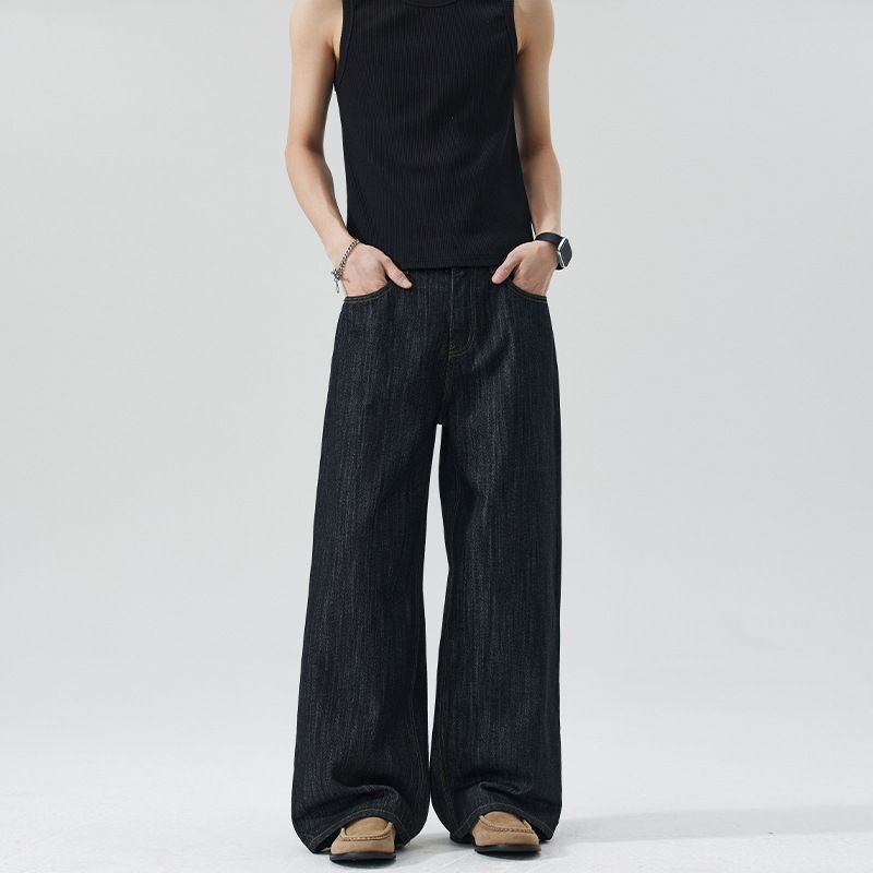 Men's LKTM American Style Washed Embroidered Twill Jeans Unisex Baggy Trendy Relaxed Straight Leg Midweight Polyester Trousers_mkmklike.com