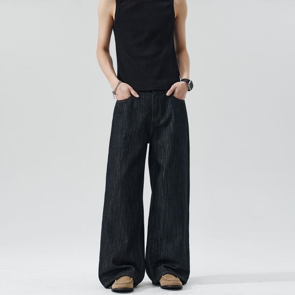Men's LKTM American Style Washed Embroidered Twill Jeans Unisex Baggy Trendy Relaxed Straight Leg Midweight Polyester Trousers_mkmklike.com