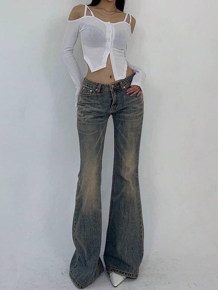 Women's High-Waisted Flare Jeans – Classic Blue Denim, Straight-to-Flare Fit, Comfortable & Stylish For Everyday Wear_mkmklike.com