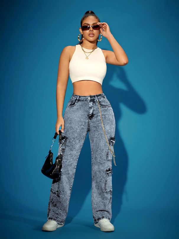 Women's Cargo Jeans High Waist Flap Pockets Oversized Fit Stretch Denim Pants - Streetwear Jogger Pants For Plus Size_mkmklike.com