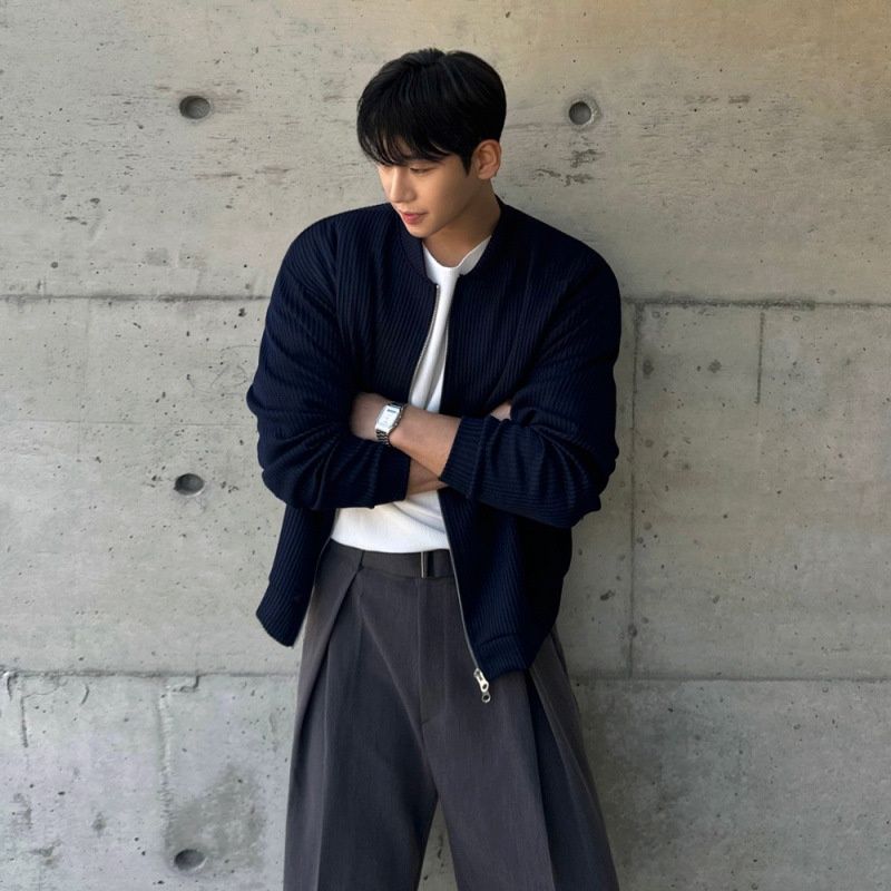 Lunar Apex MYQ Lazy Style Stand Collar Cardigan For Men Spring Loose Casual Jacket Korean Trend High-end Feel Top_mkmklike.com