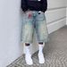 Men's Clothing Retro Washed High Street Denim Shorts Straight Wide Leg Distressed Loose Casual Versatile Cropped Pants_mkmklike.com