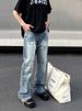 American High Street Vibe Washed Blue Ripped Jeans Men's Straight Leg Micro Flared Cleanfit Pants_mkmklike.com
