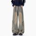 Men's Japanese Retro Style Washed Distressed Black Jeans Drawstring Elastic Waist Wide Leg Curved Cut Loose Straight Leg_mkmklike.com