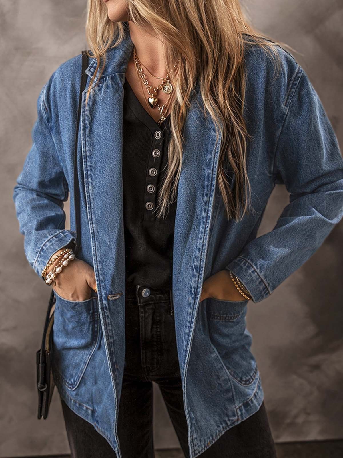 Women's Slim Fit Denim Jacket With Notched Lapel Single Button Open Front Casual Blazer For Spring & Fall_mkmklike.com