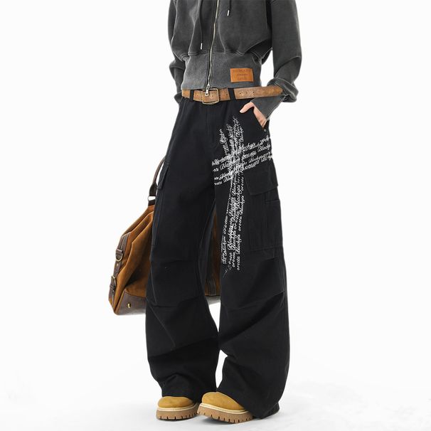 Men's Retro Washed Distressed Wide Leg Jeans Trendy Graffiti Print Casual Workwear Multi-Pocket mid Waist Zipper Fly Trousers_mkmklike.com
