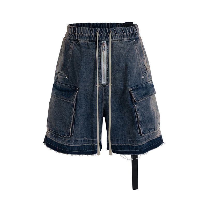 Men's Clothing RO Style Gradient Washed Distressed Raw Edge Denim Shorts Men's High Street Multi Pocket Loose Straight Wide Leg Shorts_mkmklike.com