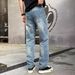 Men's Vintage Blue Distressed Jeans With Star Print – Relaxed Fit Straight Leg Casual Pants For Spring & Autumn_mkmklike.com