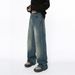 Men's Korean Vintage Blue Jeans – Distressed Washed Wide Leg Denim Pants, Relaxed Fit Straight Trousers With Bleached Details, High Waist Streetwear_mkmklike.com