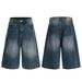 Men's Clothing Retro Washed Blue High Grade Metal Button Design Men's Loose Three Quarter Denim Shorts_mkmklike.com