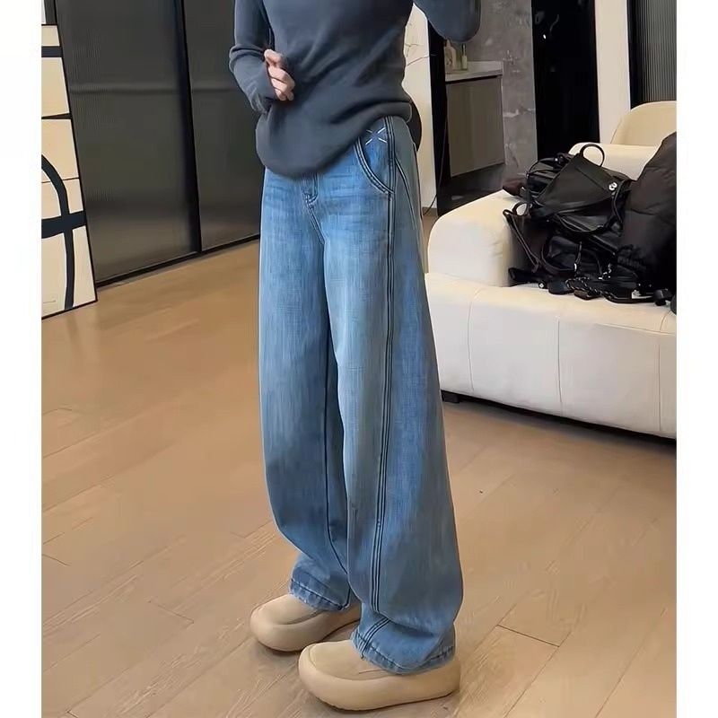 Clair Clair Blue Scimitar Spliced Jeans 2025 Autumn New High Waist Slimming Wide Leg Long Pants With Fleece For Plus Size Women_mkmklike.com