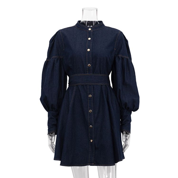 K New Denim Shirt Skirt With Niche Design, Lantern Sleeves, Lace Up Style, Fashionable Dress_mkmklike.com
