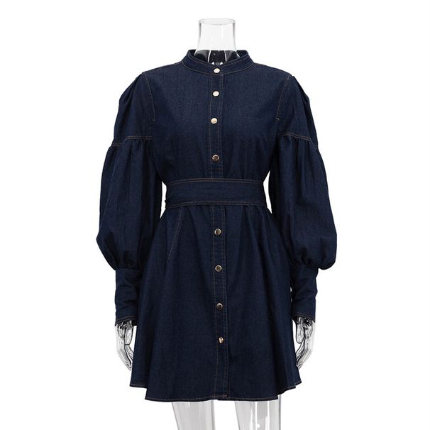 K New Denim Shirt Skirt With Niche Design, Lantern Sleeves, Lace Up Style, Fashionable Dress_mkmklike.com