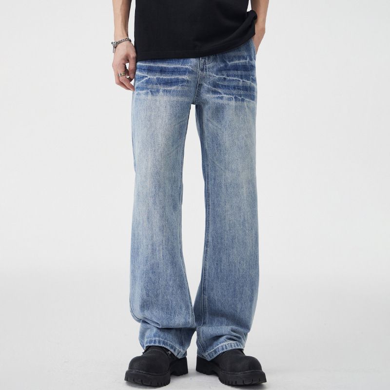 Men's Lightning Crack Wash Jeans | Cleanfit Streetwear Straight Leg Denim Pants With Tie-Dye & Vintage Effect_mkmklike.com