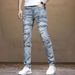 Men's Distressed Slim Fit Stretch Jeans - Light Blue Ripped Denim Pants With Raw Hem (30-40, Cotton Blend, Streetwear Style)_mkmklike.com