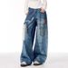 Spring And Autumn American High Street Retro Design Patch Splicing Printed Jeans Men's And Women's Loose Straight Wide-leg Trousers_mkmklike.com