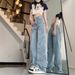 Women's Embroidered High Waist Wide Leg Jeans Five Pointed Star Appliqué Unique Straight Leg Floor Length Pants Spring Autumn Style Loose Fit_mkmklike.com