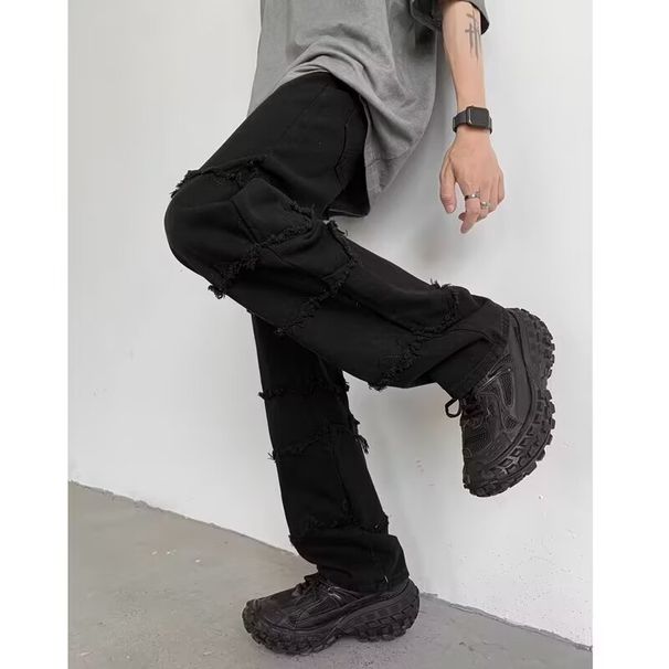 Cleanfit Men's Slim Fit Ripped Jeans Slightly Flared Black Pants Trendy Brand American High Street Style Vibe_mkmklike.com