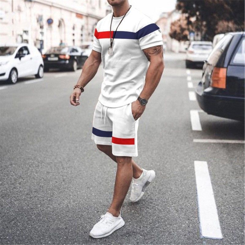 Men's Clothing home leisure men's thin short-sleeved sports striped round neck fitness suit men's T-shirt trendy two-piece suit_mkmklike.com