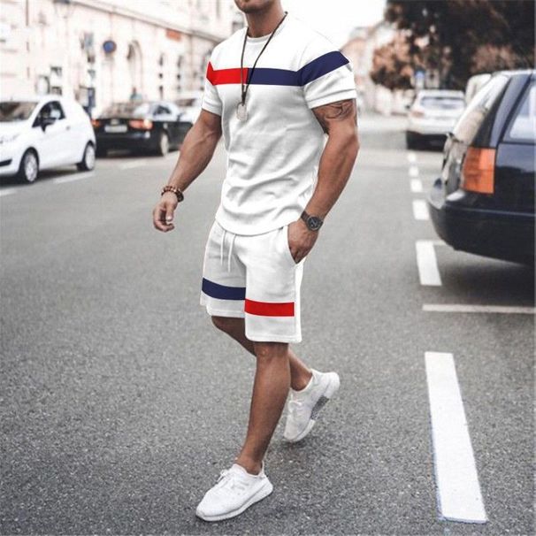 Men's Clothing home leisure men's thin short-sleeved sports striped round neck fitness suit men's T-shirt trendy two-piece suit_mkmklike.com