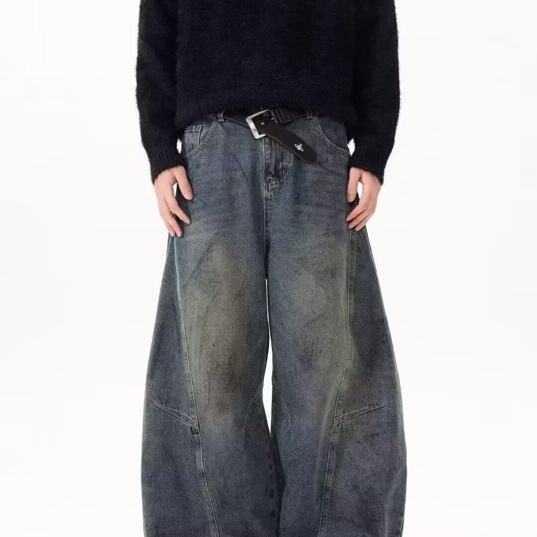 BOY American Retro Deconstructed Washed Scimitar Jeans For Men Loose Vintage Design Casual Straight Wide-Leg Long Pants_mkmklike.com