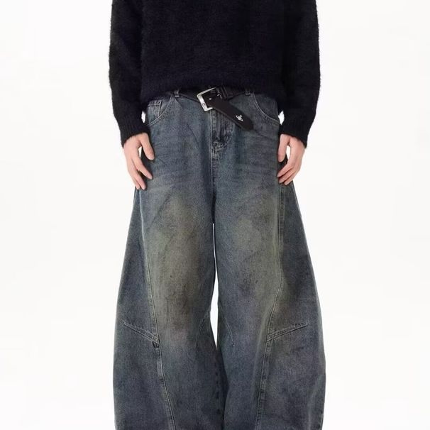 BOY American Retro Deconstructed Washed Scimitar Jeans For Men Loose Vintage Design Casual Straight Wide-Leg Long Pants_mkmklike.com