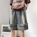 American Street Denim Shorts Men's Knee Quad Pants Summer Loose Ribbon Printed Alphabet Quad Pants_mkmklike.com