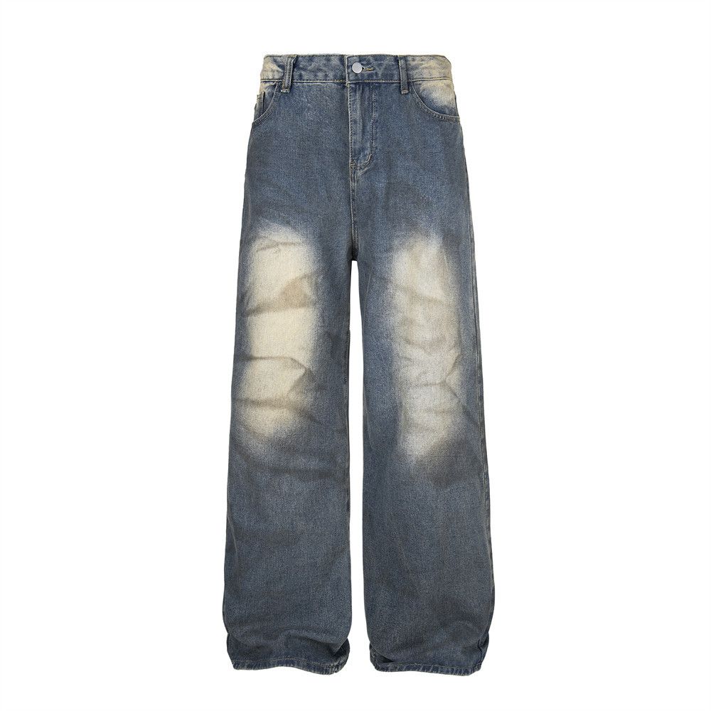Post-apocalyptic Style Color-Block Spray Paint Jeans Men's Trendy Punk Washed Tie-Dye Distressed Dirty Wide-Leg Straight_mkmklike.com